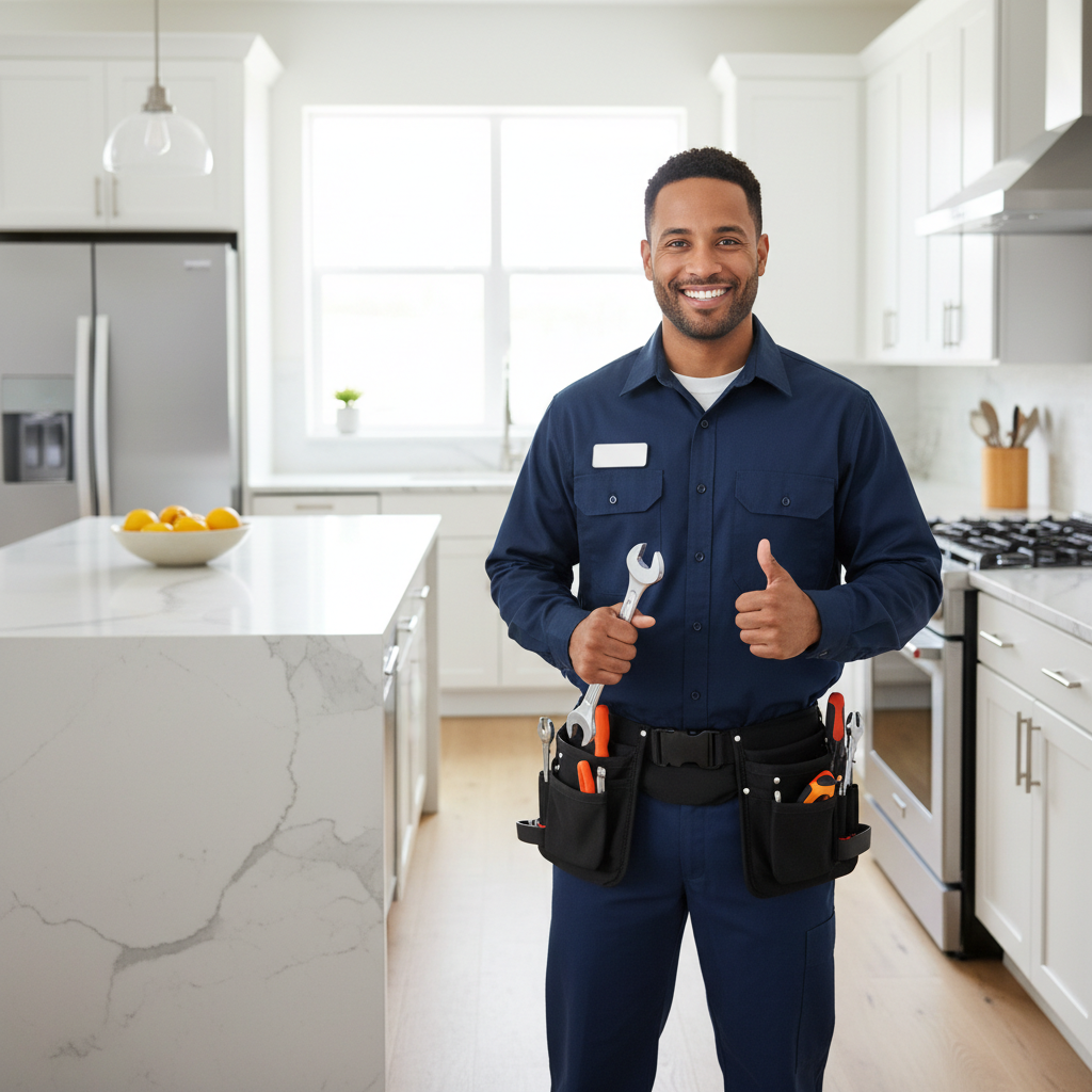 Professional appliance repair technician in a modern kitchen