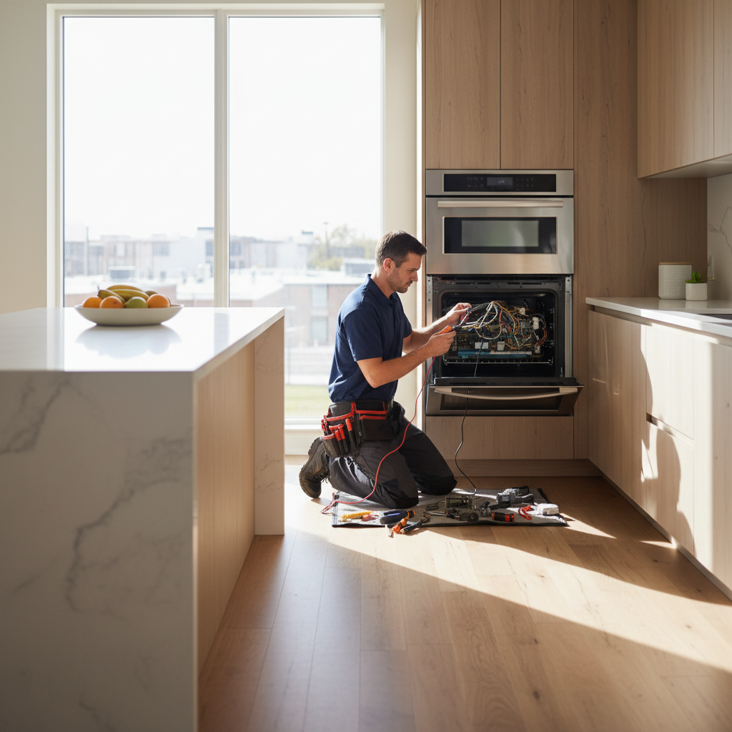 Technician repairing a built-in oven